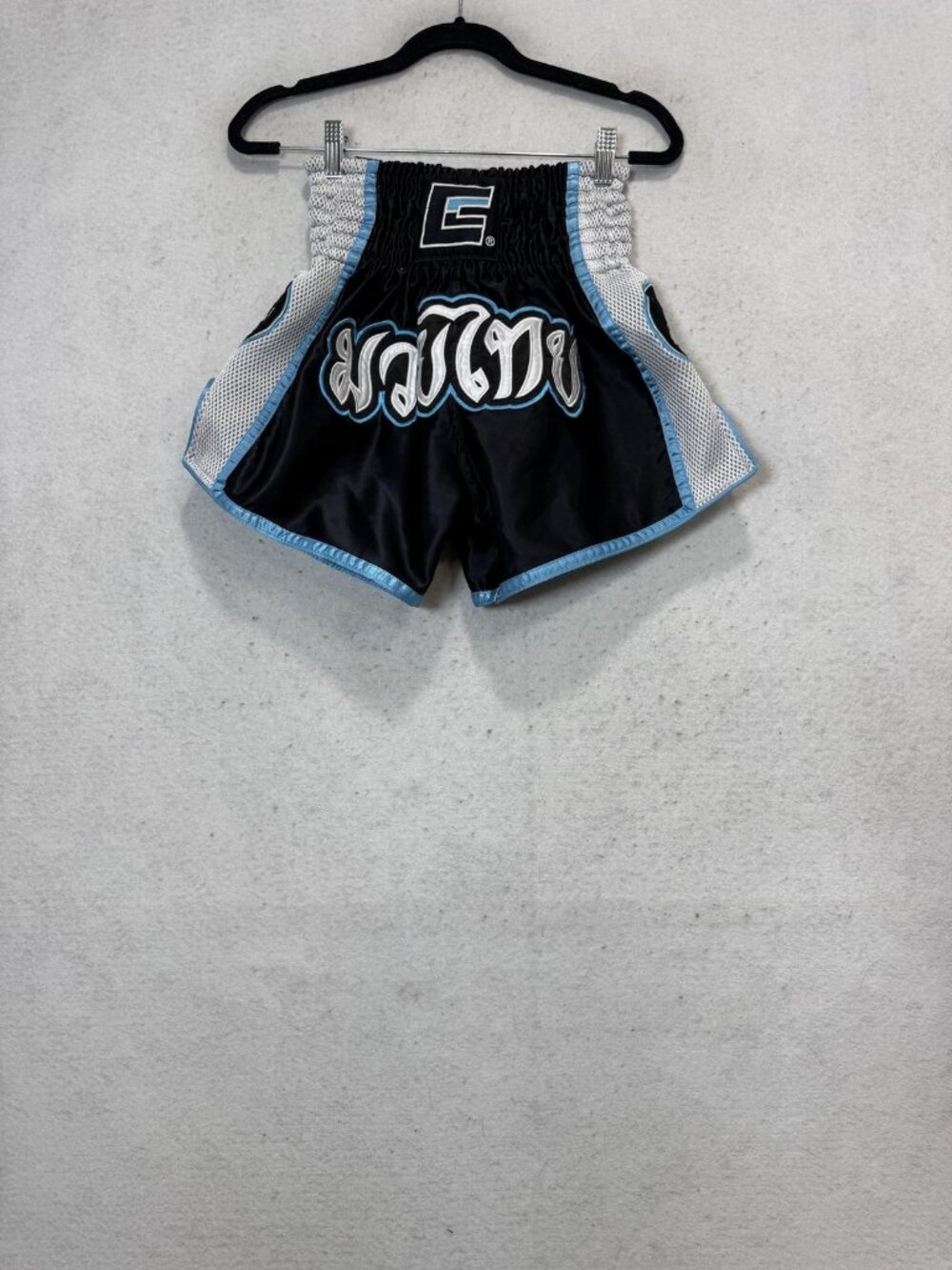 Combat CRNR Muay Thai Shorts Mens Small Black Blue Satin MMA Kickboxing